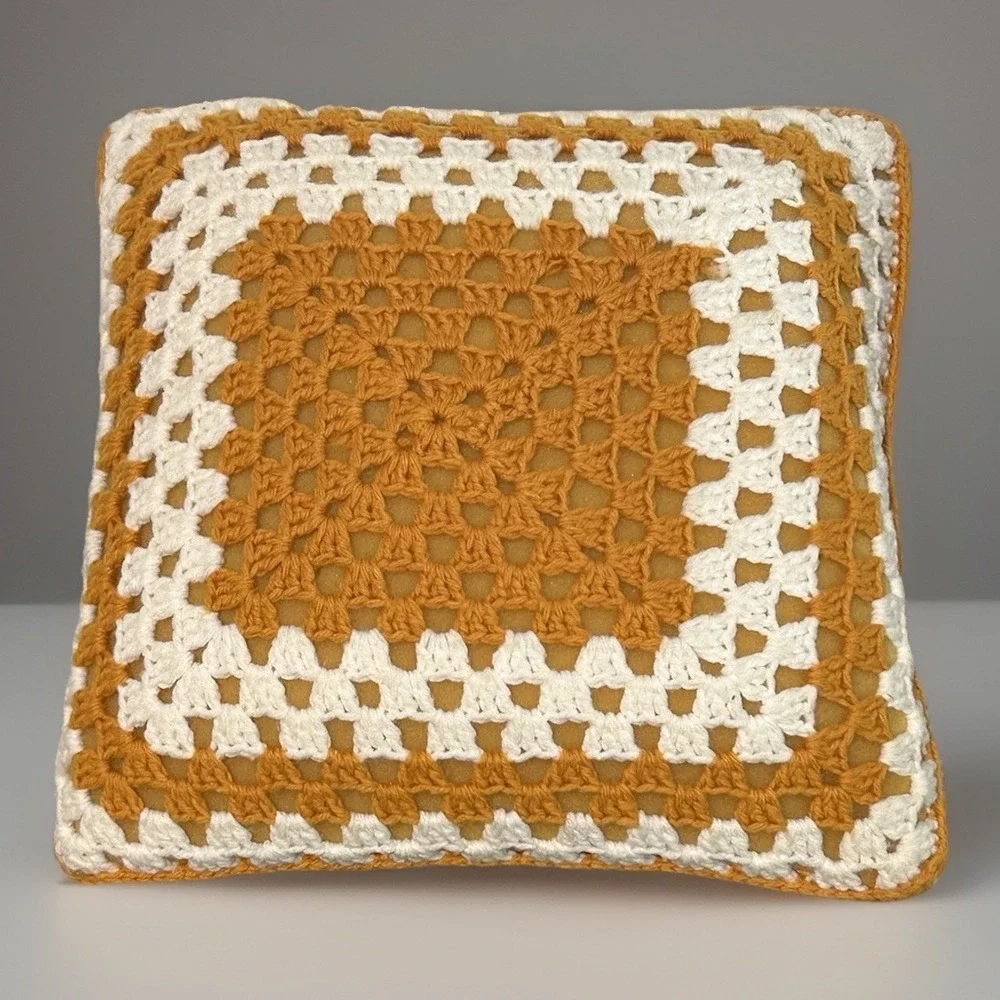 Throw Pillow Hand Crafted White Brown/Gold 1970s Vintage Cottagecore